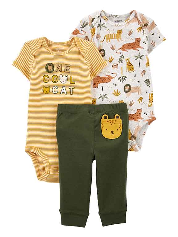 Little Planet Organic by Carter's Baby Clothes - 2 onesies, 1 yellow stripes with one cool cat and pictures of cats on it and 1 white with jungle animals.  Green pants with an animal pocket. 