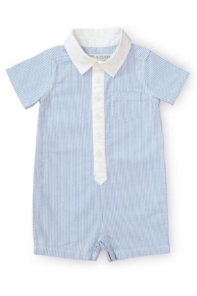 Hope & Henry organic newborn clothing one piece shorts in blue pinstripe.  