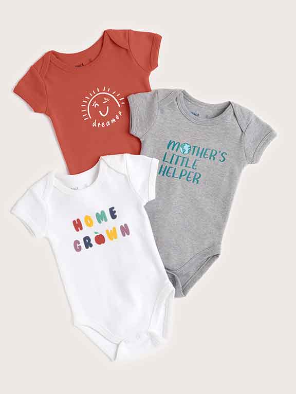 Pact Organic Baby Clothes, 3 onesies with home grown, mother's little helper, and dreamer written on them. 